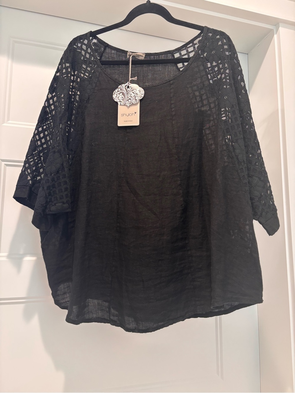 Black Crochet-Sleeve Italian Linen Blend Top Size L
